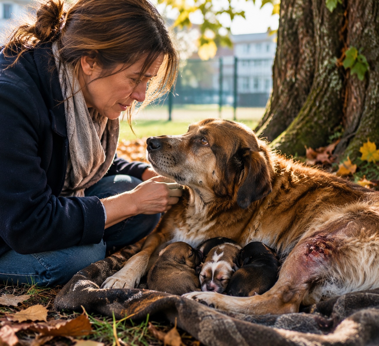 Der verletzte Hund unter der alten Kastanie beschützte drei kleine Leben – was danach geschah, veränderte eine ganze Schule
